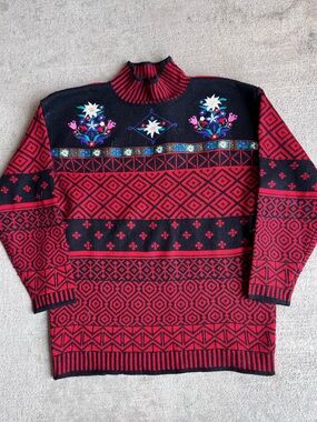 Vintage 90s obermeyer floral fair isle Nordic jacquard ski sweater knit jumper